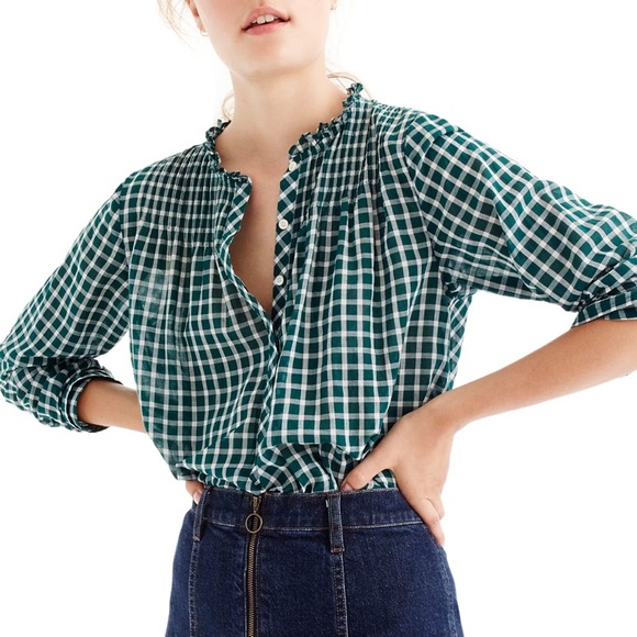 J. Crew Tops - J.Crew Green Gingham Ruffle Button Up Shirt